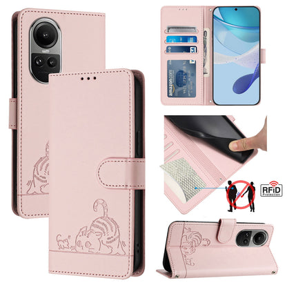 OPPO Reno10 Global Leather Phone Case with Cat and Rat Embossed Pattern, RFID Protection, Card Holder Slots, Anti-fall Feature & Lanyard