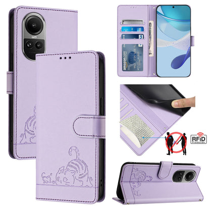 OPPO Reno10 Global Leather Phone Case with Cat and Rat Embossed Pattern, RFID Protection, Card Holder Slots, Anti-fall Feature & Lanyard