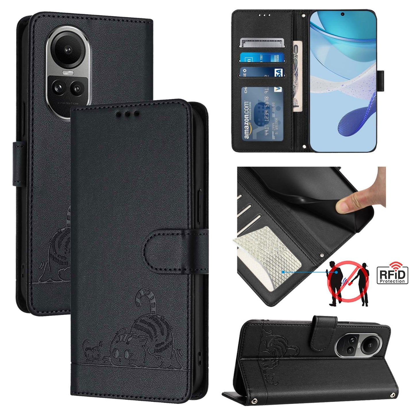 OPPO Reno10 Pro Global Leather Phone Case with Cat and Rat Embossed Pattern, RFID Protection, Card Holder Slots, Anti-fall Feature & Lanyard
