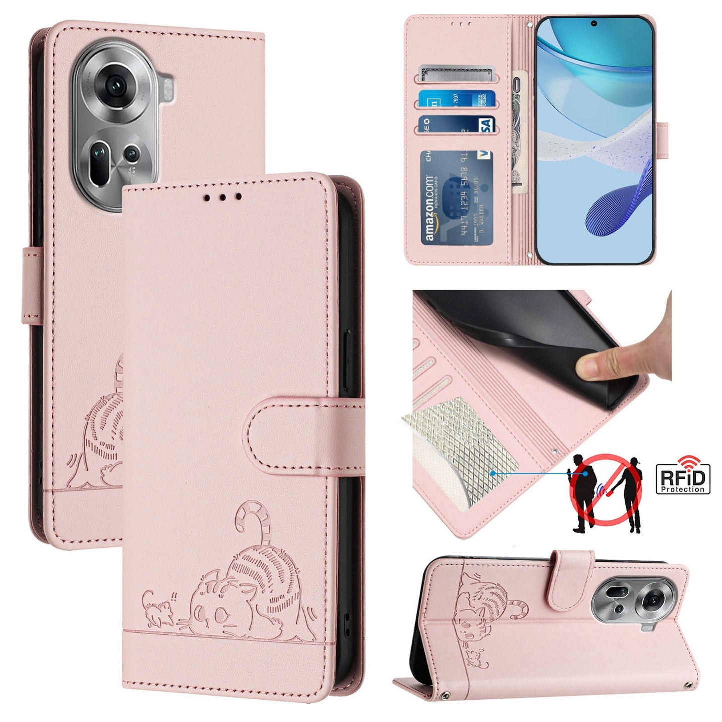 OPPO Reno11 5G Global Leather Phone Case with Cat and Rat Embossed Pattern, RFID Protection, Card Holder Slots, Anti-fall Feature & Lanyard