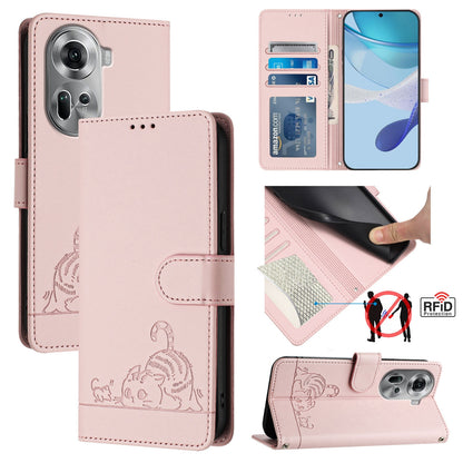 OPPO Reno11 5G Global Leather Phone Case with Cat and Rat Embossed Pattern, RFID Protection, Card Holder Slots, Anti-fall Feature & Lanyard