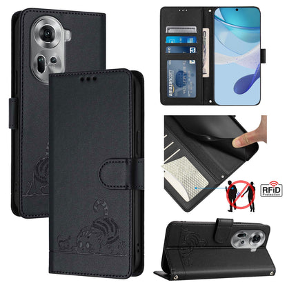 OPPO Reno11 5G Global Leather Phone Case with Cat and Rat Embossed Pattern, RFID Protection, Card Holder Slots, Anti-fall Feature & Lanyard