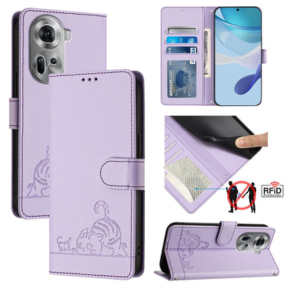 OPPO Reno11 5G Global Leather Phone Case with Cat and Rat Embossed Pattern, RFID Protection, Card Holder Slots, Anti-fall Feature & Lanyard
