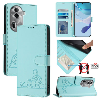 OPPO Reno11 Pro 5G Global Leather Phone Case with Cat and Rat Embossed Pattern, RFID Protection, Card Holder Slots, Anti-fall Feature & Lanyard