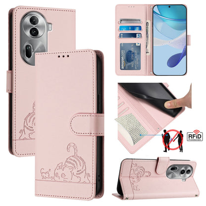 OPPO Reno11 Pro 5G Global Leather Phone Case with Cat and Rat Embossed Pattern, RFID Protection, Card Holder Slots, Anti-fall Feature & Lanyard