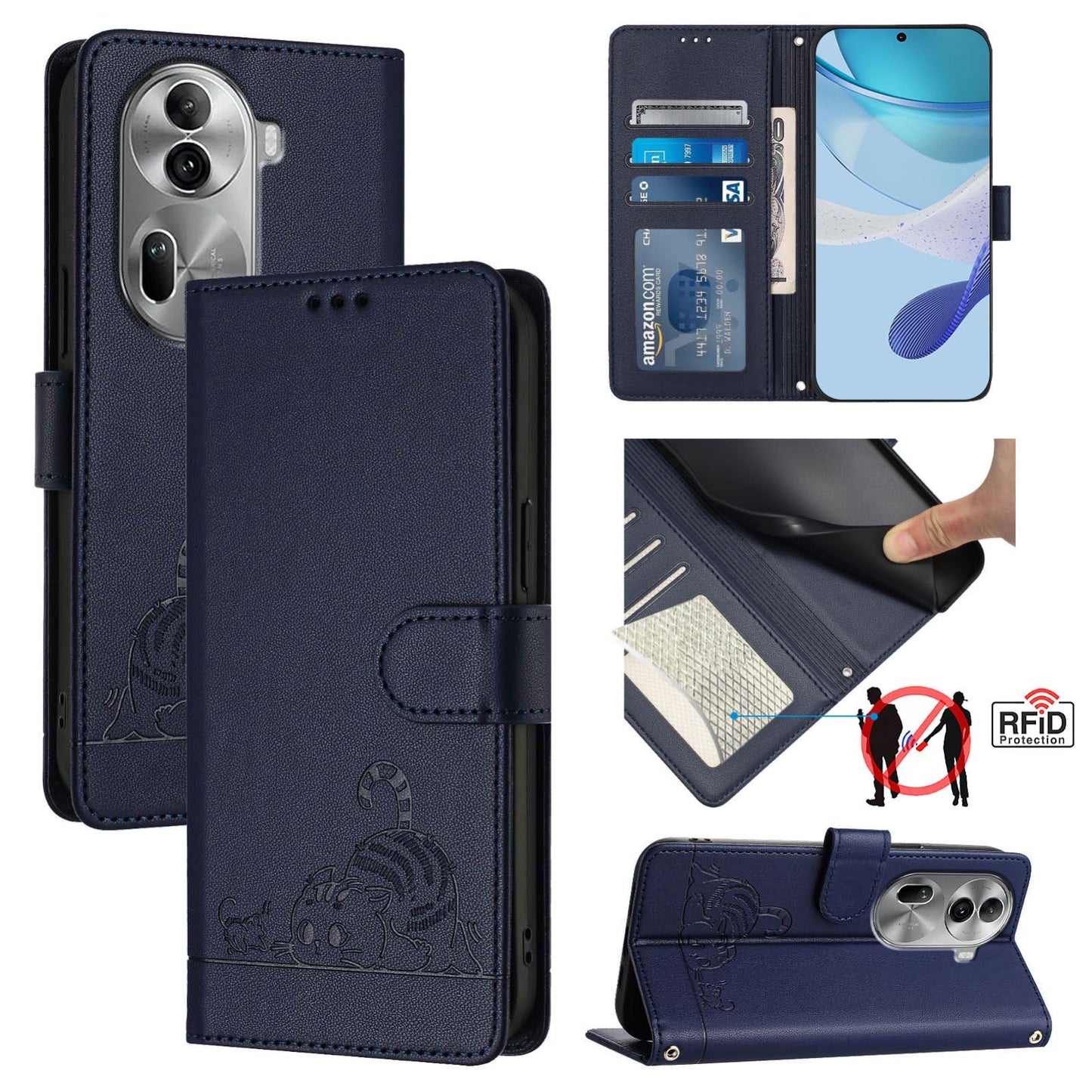OPPO Reno11 Pro 5G Global Leather Phone Case with Cat and Rat Embossed Pattern, RFID Protection, Card Holder Slots, Anti-fall Feature & Lanyard