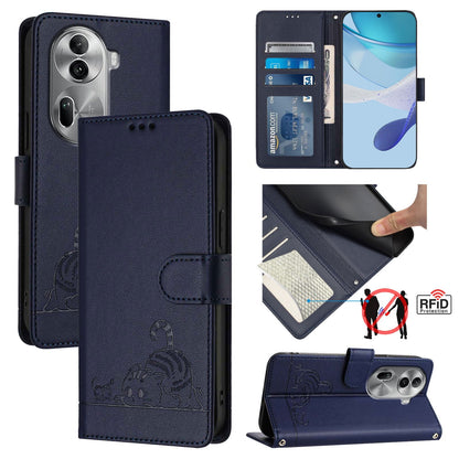 OPPO Reno11 Pro 5G Global Leather Phone Case with Cat and Rat Embossed Pattern, RFID Protection, Card Holder Slots, Anti-fall Feature & Lanyard