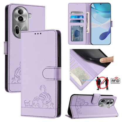 OPPO Reno11 Pro 5G Global Leather Phone Case with Cat and Rat Embossed Pattern, RFID Protection, Card Holder Slots, Anti-fall Feature & Lanyard
