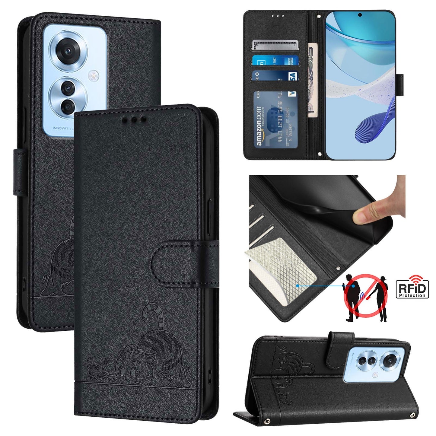 OPPO Reno11 F 5G Global Leather Phone Case with Cat and Rat Embossed Pattern, RFID Protection, Card Holder Slots, Anti-fall Feature & Lanyard