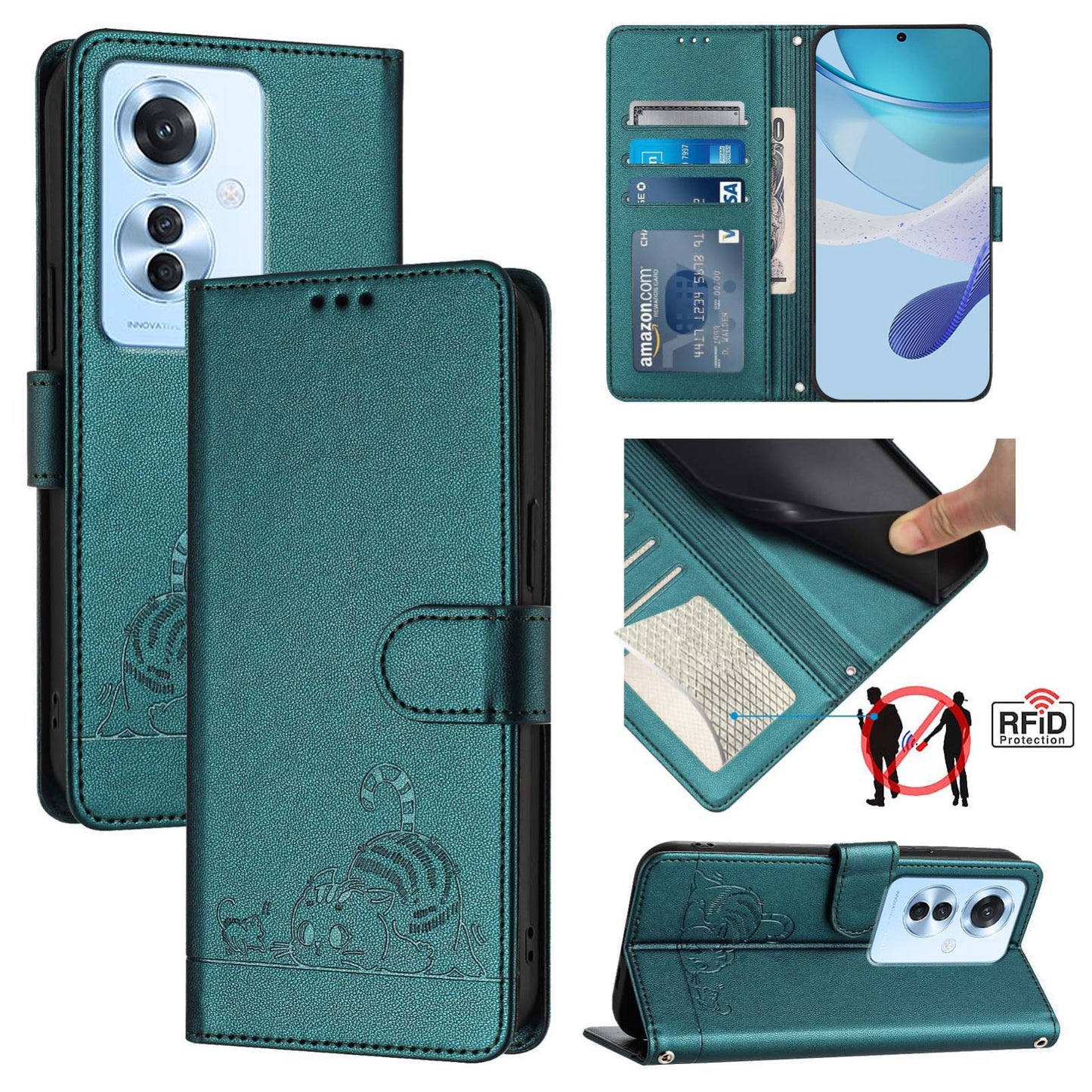 OPPO Reno11 F 5G Global Leather Phone Case with Cat and Rat Embossed Pattern, RFID Protection, Card Holder Slots, Anti-fall Feature & Lanyard