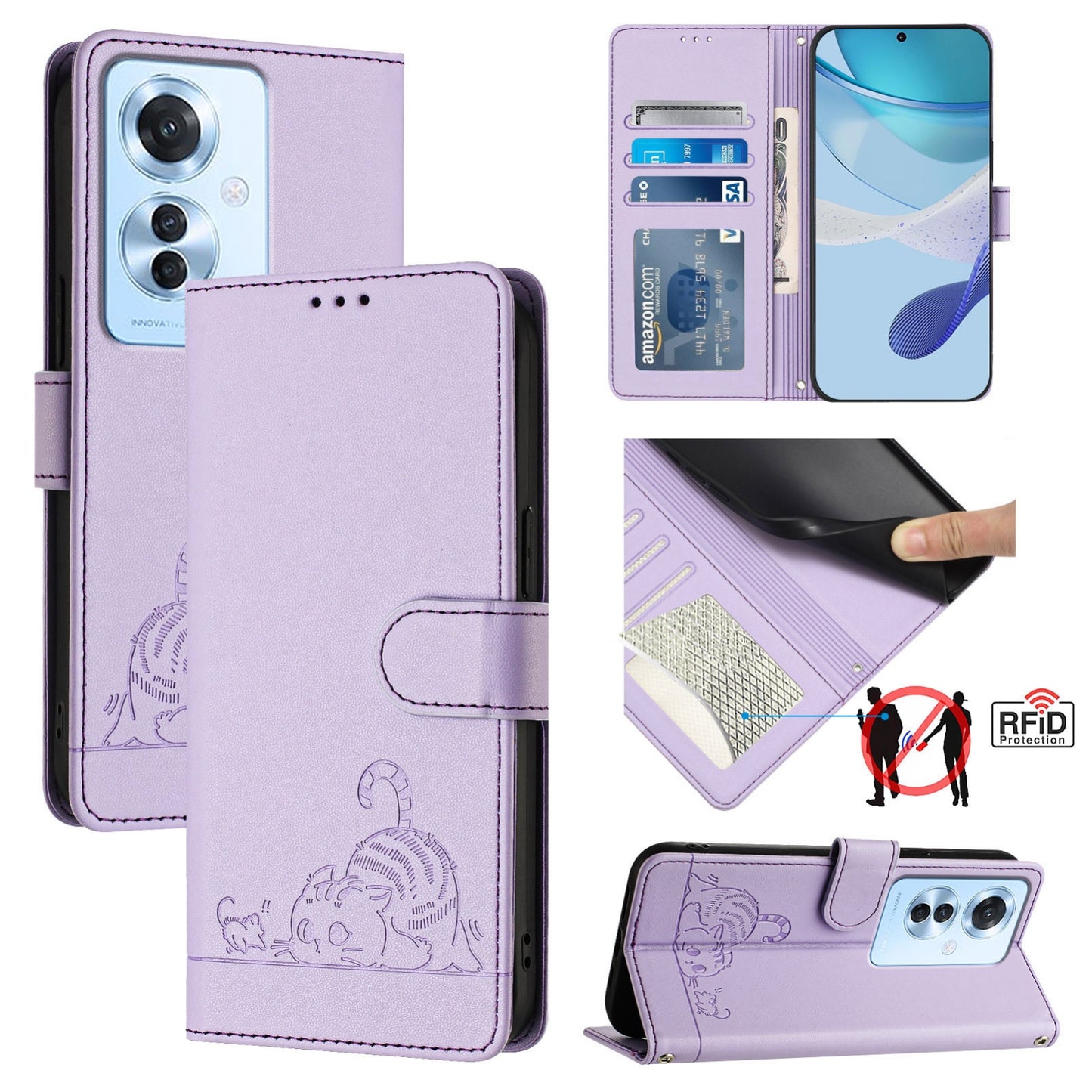 OPPO Reno11 F 5G Global Leather Phone Case with Cat and Rat Embossed Pattern, RFID Protection, Card Holder Slots, Anti-fall Feature & Lanyard