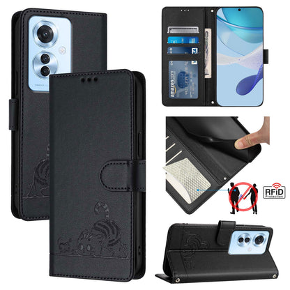OPPO F25 Pro 5G India Leather Phone Case with Cat and Rat Embossed Pattern, RFID Protection, Card Holder Slots, Anti-fall Feature & Lanyard