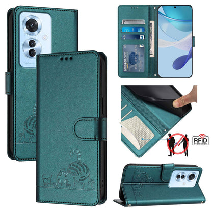 OPPO F25 Pro 5G India Leather Phone Case with Cat and Rat Embossed Pattern, RFID Protection, Card Holder Slots, Anti-fall Feature & Lanyard