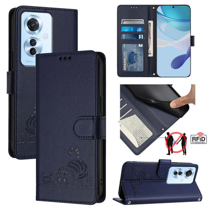 OPPO F25 Pro 5G India Leather Phone Case with Cat and Rat Embossed Pattern, RFID Protection, Card Holder Slots, Anti-fall Feature & Lanyard