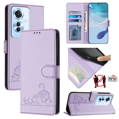 OPPO F25 Pro 5G India Leather Phone Case with Cat and Rat Embossed Pattern, RFID Protection, Card Holder Slots, Anti-fall Feature & Lanyard