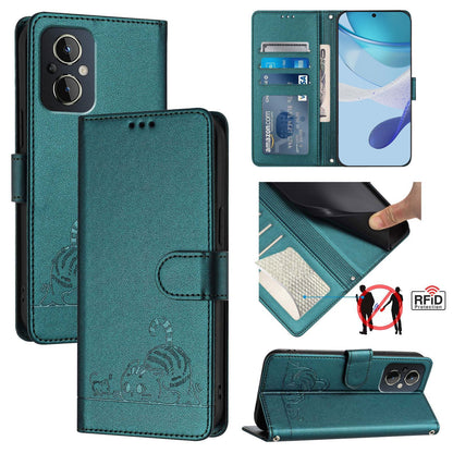 OPPO F21 Pro 5G Leather Phone Case with Cat and Rat Embossed Pattern, RFID Protection, Card Holder Slots, Anti-fall Feature & Lanyard