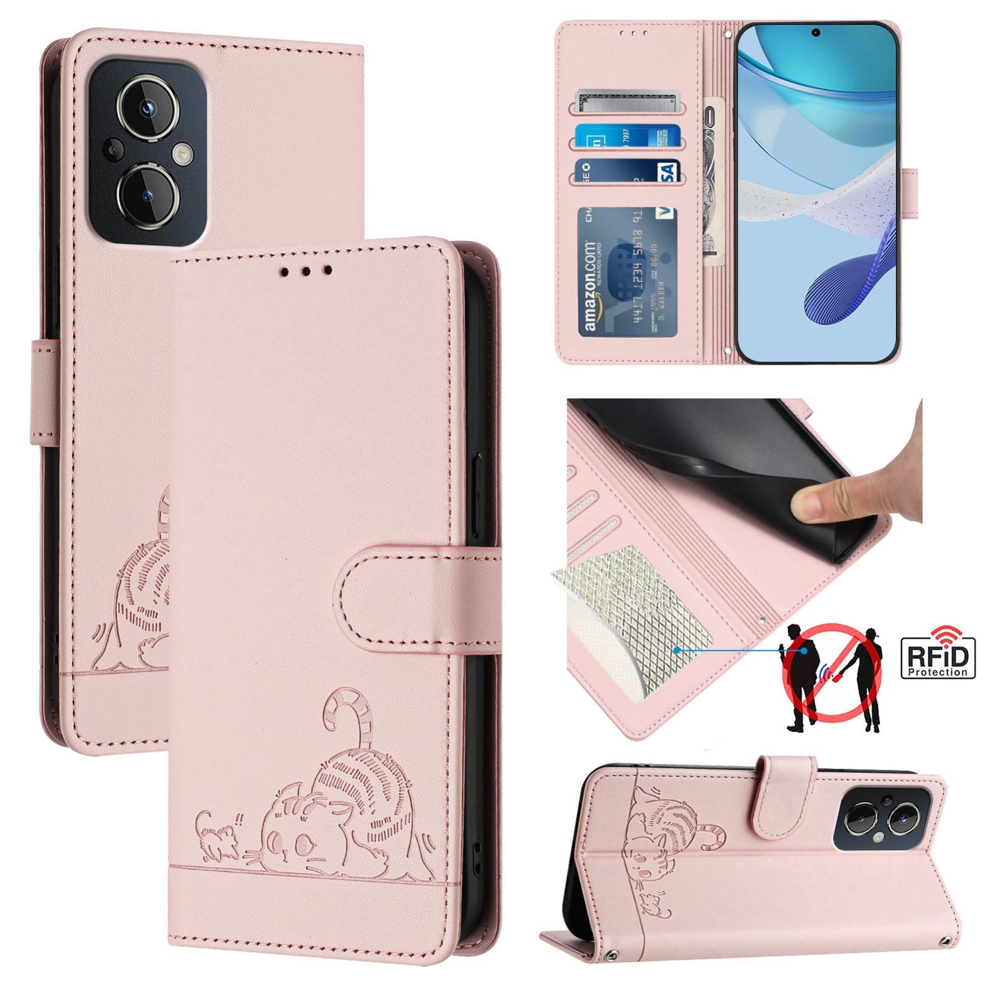 OPPO Reno7 Z 5G Leather Phone Case with Cat and Rat Embossed Pattern, RFID Protection, Card Holder Slots, Anti-fall Feature & Lanyard
