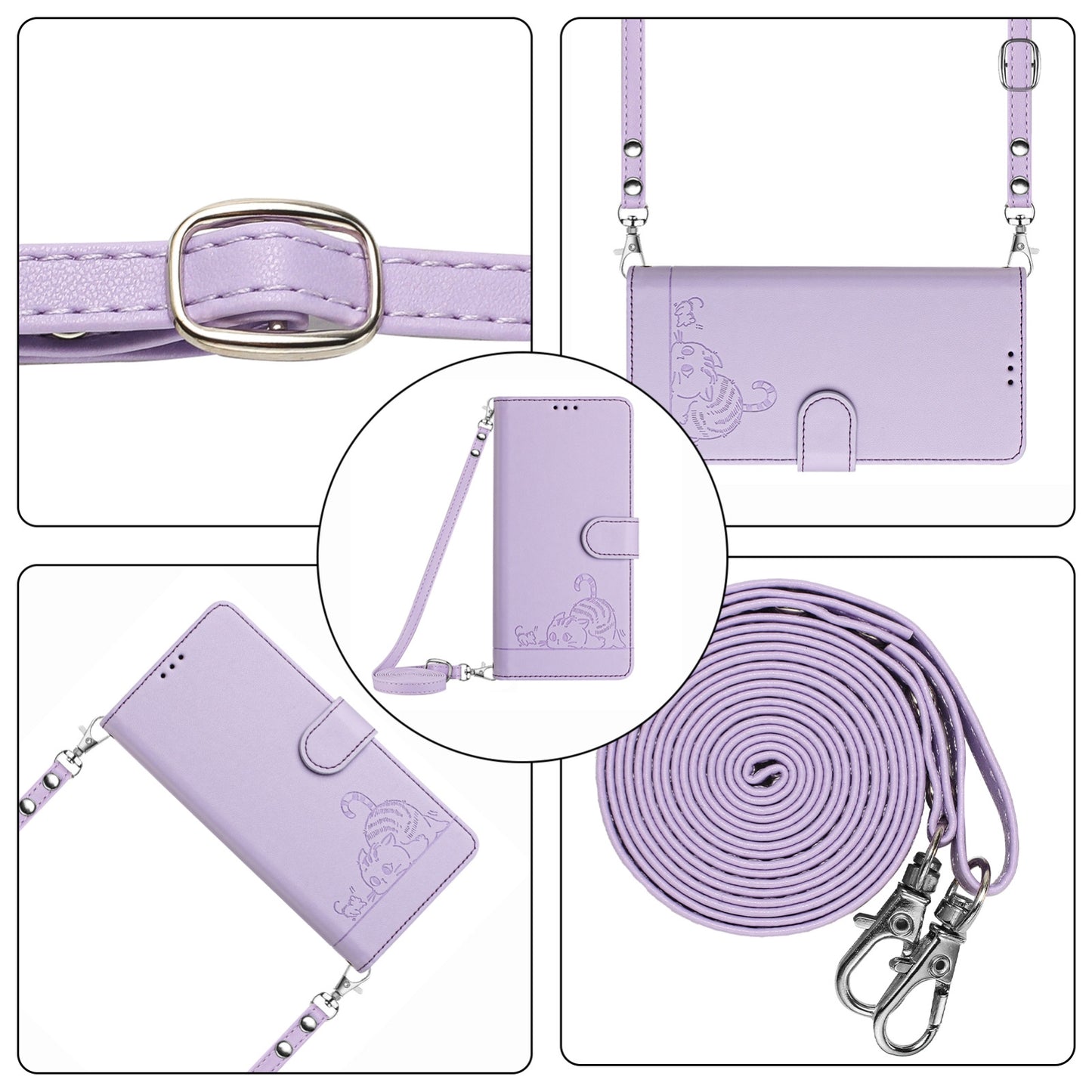 OPPO Reno7 Lite Leather Phone Case with Cat and Rat Embossed Pattern, RFID Protection, Card Holder Slots, Anti-fall Feature & Lanyard