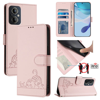 OPPO Reno8 Lite 5G Leather Phone Case with Cat and Rat Embossed Pattern, RFID Protection, Card Holder Slots, Anti-fall Feature & Lanyard