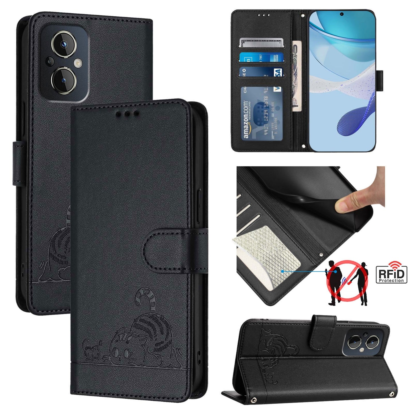 OPPO Reno8 4G Global Leather Phone Case with Cat and Rat Embossed Pattern, RFID Protection, Card Holder Slots, Anti-fall Feature & Lanyard