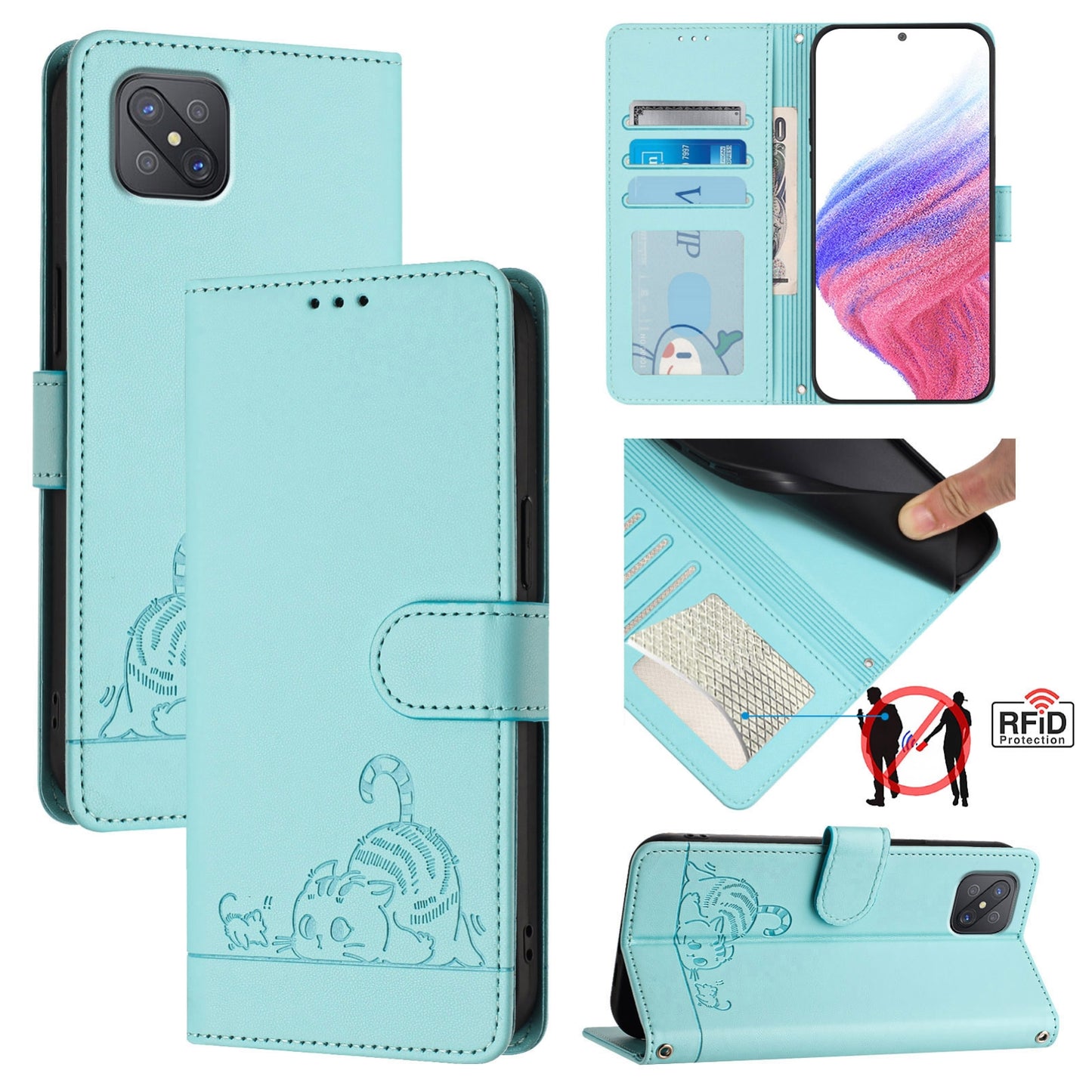 OPPO A92S 5G Leather Phone Case with Cat and Rat Embossed Pattern, RFID Protection, Card Holder Slots, Anti-fall Feature & Lanyard