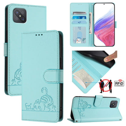OPPO A92S 5G Leather Phone Case with Cat and Rat Embossed Pattern, RFID Protection, Card Holder Slots, Anti-fall Feature & Lanyard