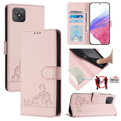 OPPO A92S 5G Leather Phone Case with Cat and Rat Embossed Pattern, RFID Protection, Card Holder Slots, Anti-fall Feature & Lanyard