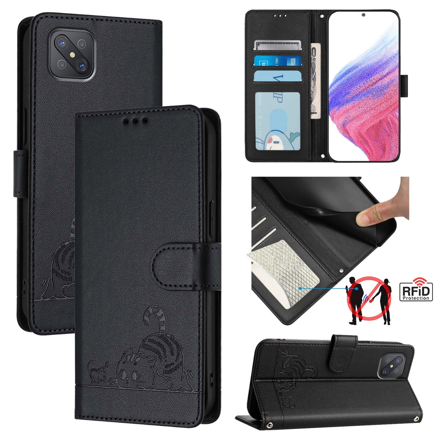 OPPO A92S 5G Leather Phone Case with Cat and Rat Embossed Pattern, RFID Protection, Card Holder Slots, Anti-fall Feature & Lanyard