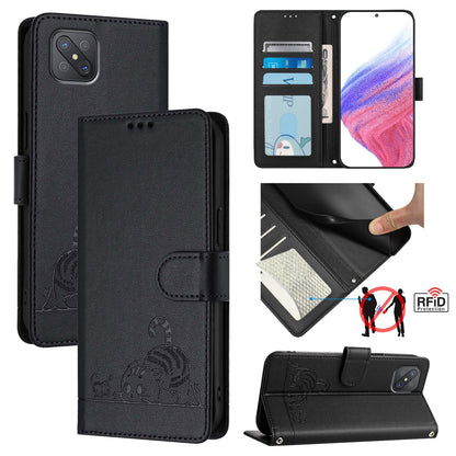 OPPO A92S 5G Leather Phone Case with Cat and Rat Embossed Pattern, RFID Protection, Card Holder Slots, Anti-fall Feature & Lanyard