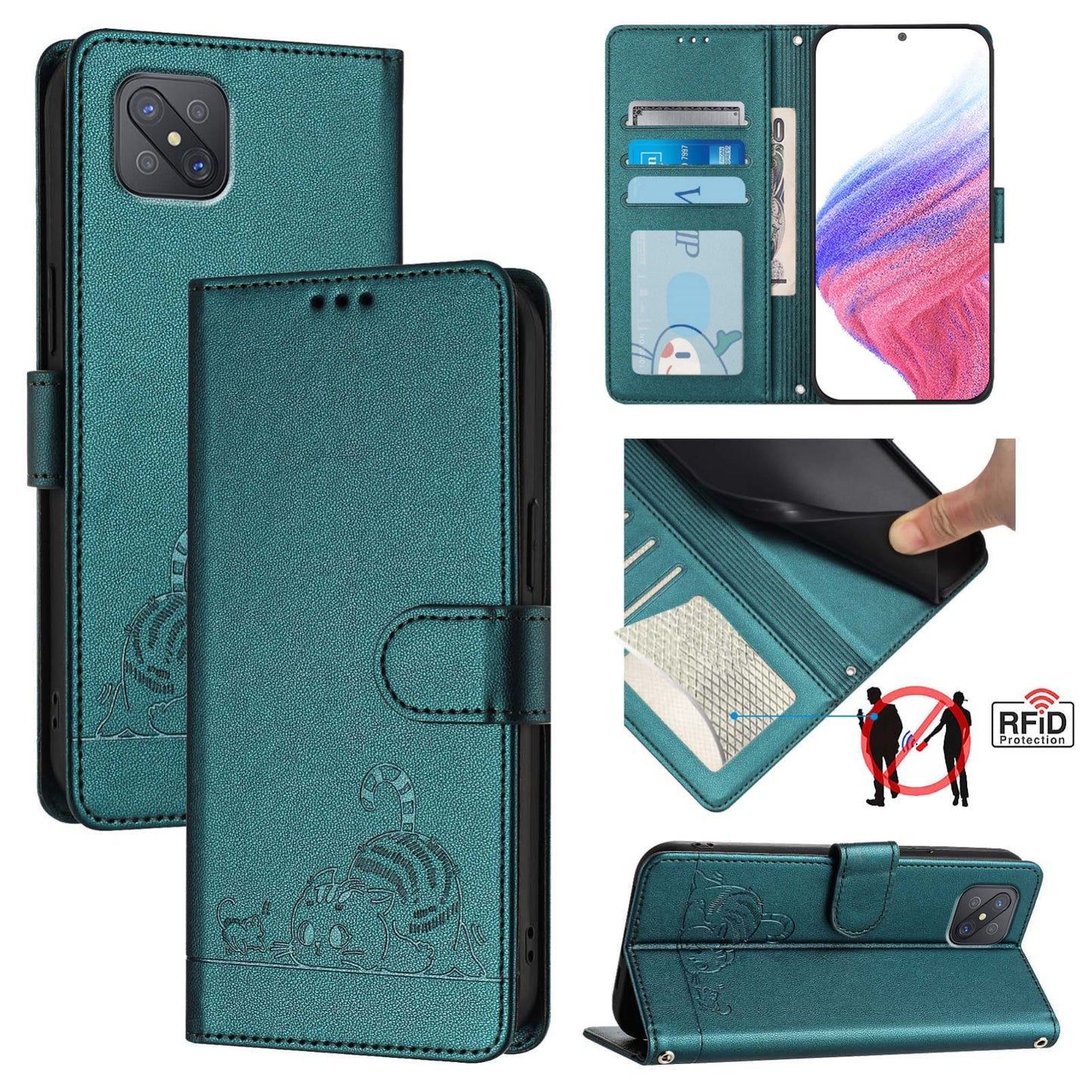 OPPO A92S 5G Leather Phone Case with Cat and Rat Embossed Pattern, RFID Protection, Card Holder Slots, Anti-fall Feature & Lanyard