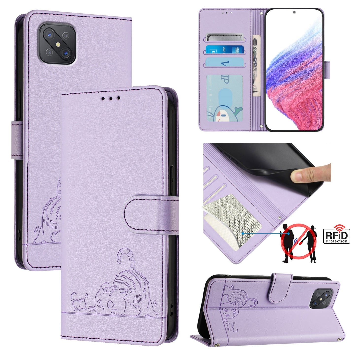 OPPO A92S 5G Leather Phone Case with Cat and Rat Embossed Pattern, RFID Protection, Card Holder Slots, Anti-fall Feature & Lanyard