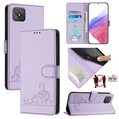 OPPO A92S 5G Leather Phone Case with Cat and Rat Embossed Pattern, RFID Protection, Card Holder Slots, Anti-fall Feature & Lanyard