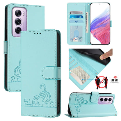 OPPO Reno12 Pro Global Leather Phone Case with Cat and Rat Embossed Pattern, RFID Protection, Card Holder Slots, Anti-fall Feature & Lanyard