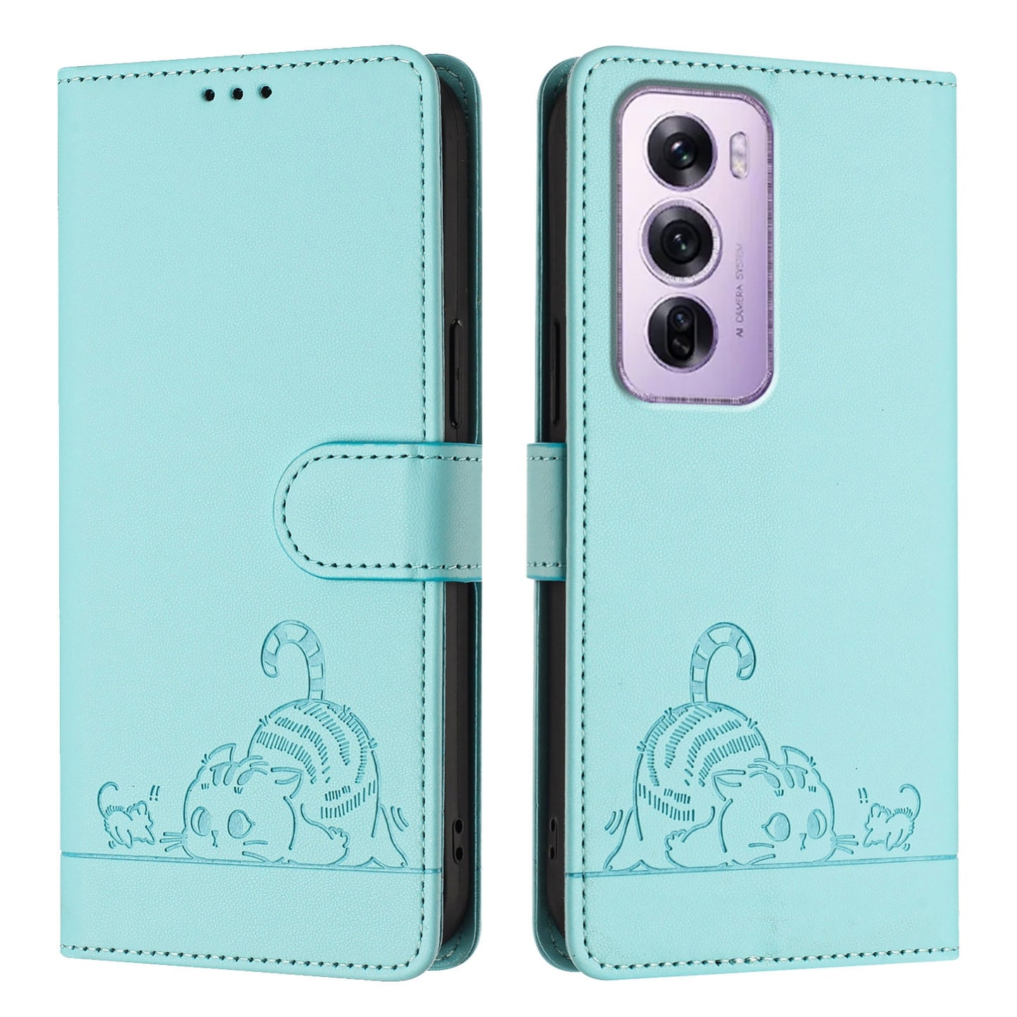 OPPO Reno12 Pro Global Leather Phone Case with Cat and Rat Embossed Pattern, RFID Protection, Card Holder Slots, Anti-fall Feature & Lanyard