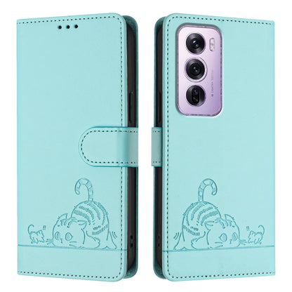 OPPO Reno12 Pro Global Leather Phone Case with Cat and Rat Embossed Pattern, RFID Protection, Card Holder Slots, Anti-fall Feature & Lanyard