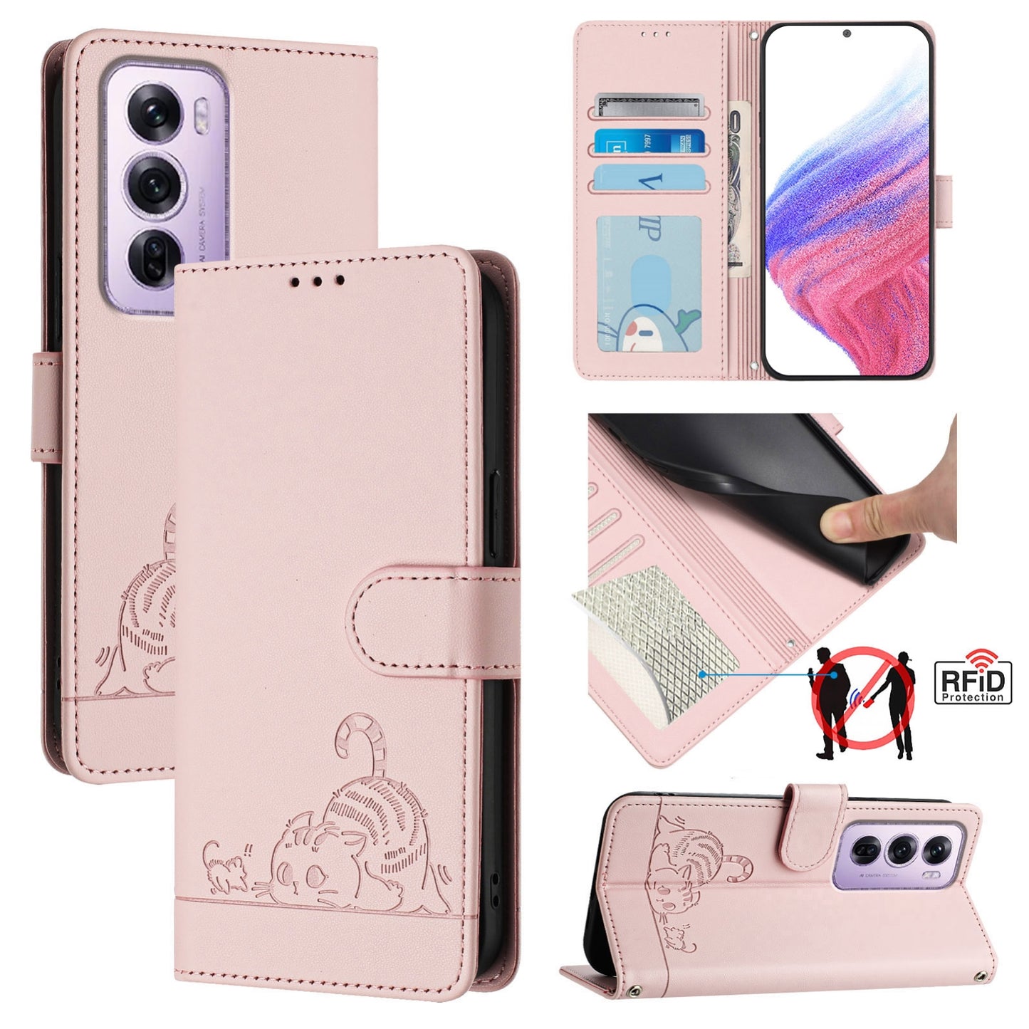 OPPO Reno12 Pro Global Leather Phone Case with Cat and Rat Embossed Pattern, RFID Protection, Card Holder Slots, Anti-fall Feature & Lanyard