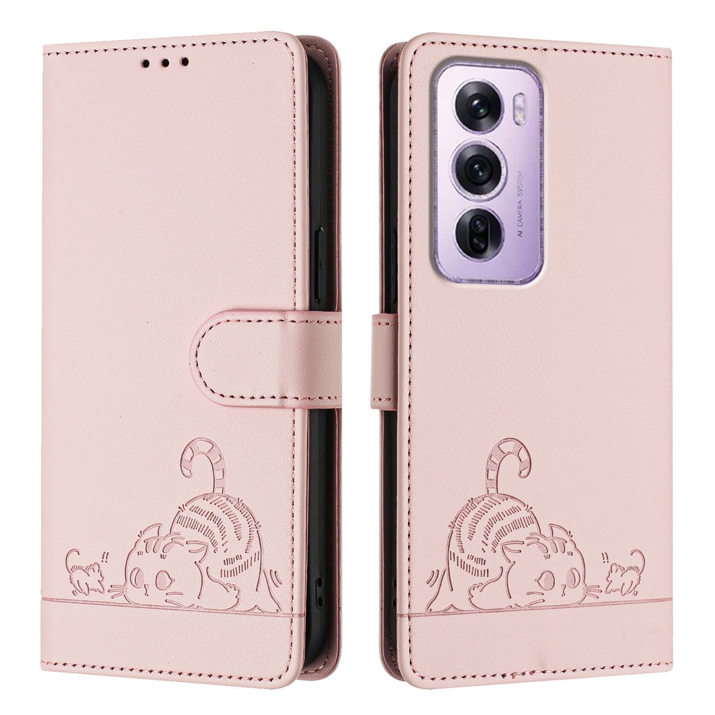 OPPO Reno12 Pro Global Leather Phone Case with Cat and Rat Embossed Pattern, RFID Protection, Card Holder Slots, Anti-fall Feature & Lanyard