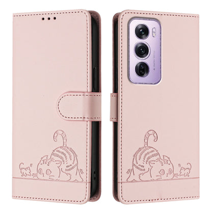 OPPO Reno12 Pro Global Leather Phone Case with Cat and Rat Embossed Pattern, RFID Protection, Card Holder Slots, Anti-fall Feature & Lanyard