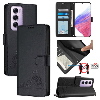 OPPO Reno12 Pro Global Leather Phone Case with Cat and Rat Embossed Pattern, RFID Protection, Card Holder Slots, Anti-fall Feature & Lanyard