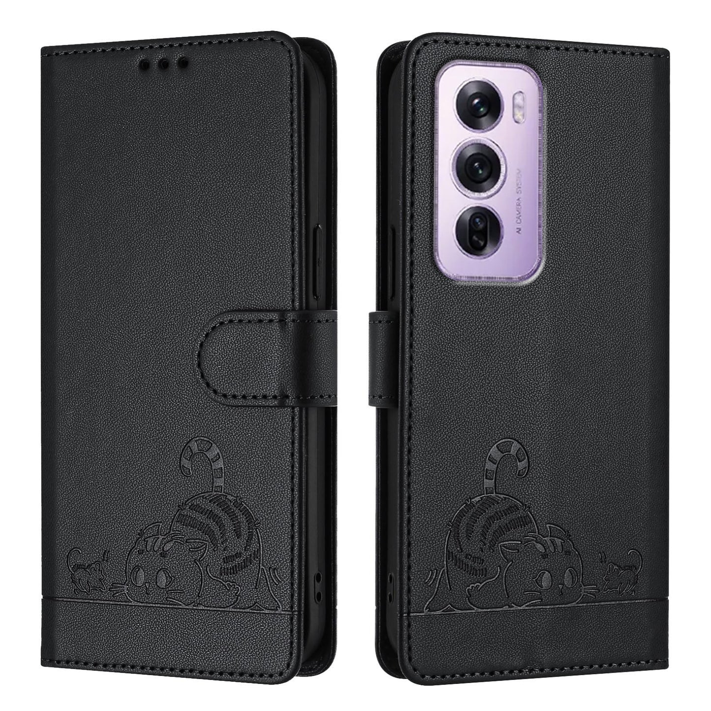 OPPO Reno12 Pro Global Leather Phone Case with Cat and Rat Embossed Pattern, RFID Protection, Card Holder Slots, Anti-fall Feature & Lanyard