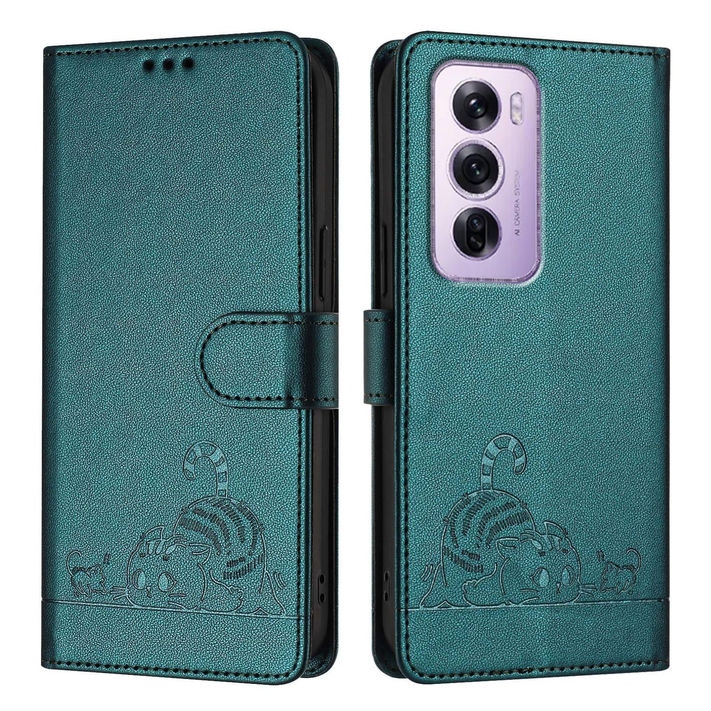 OPPO Reno12 Pro Global Leather Phone Case with Cat and Rat Embossed Pattern, RFID Protection, Card Holder Slots, Anti-fall Feature & Lanyard