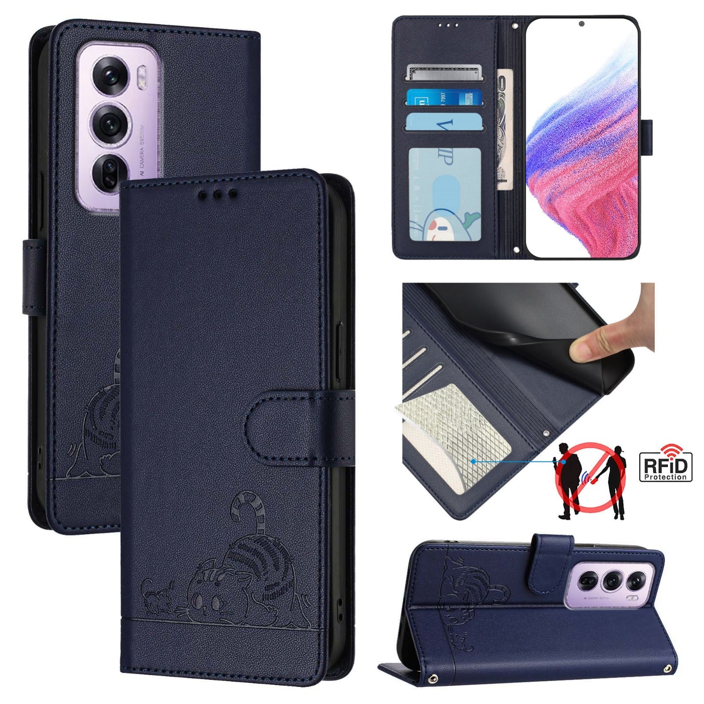 OPPO Reno12 Pro Global Leather Phone Case with Cat and Rat Embossed Pattern, RFID Protection, Card Holder Slots, Anti-fall Feature & Lanyard