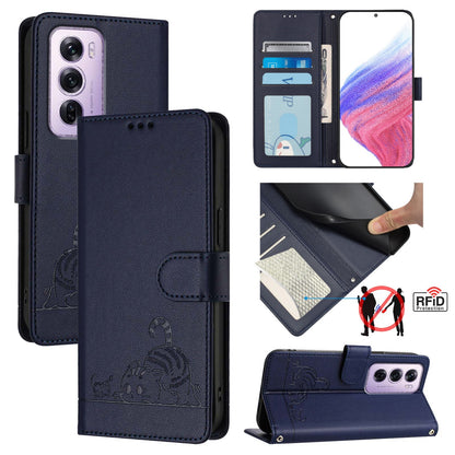 OPPO Reno12 Pro Global Leather Phone Case with Cat and Rat Embossed Pattern, RFID Protection, Card Holder Slots, Anti-fall Feature & Lanyard