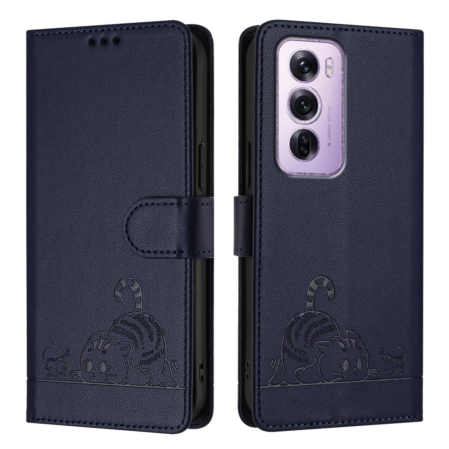 OPPO Reno12 Pro Global Leather Phone Case with Cat and Rat Embossed Pattern, RFID Protection, Card Holder Slots, Anti-fall Feature & Lanyard