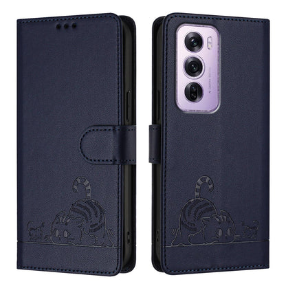 OPPO Reno12 Pro Global Leather Phone Case with Cat and Rat Embossed Pattern, RFID Protection, Card Holder Slots, Anti-fall Feature & Lanyard
