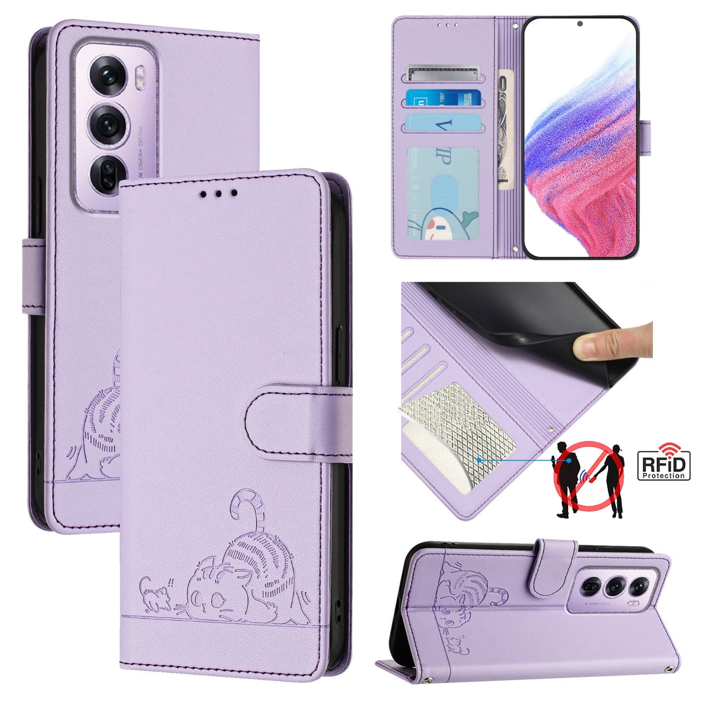OPPO Reno12 Pro Global Leather Phone Case with Cat and Rat Embossed Pattern, RFID Protection, Card Holder Slots, Anti-fall Feature & Lanyard