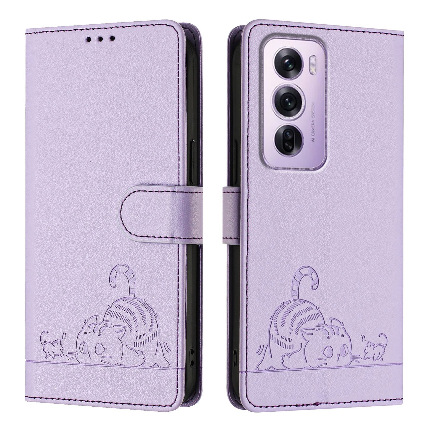 OPPO Reno12 Pro Global Leather Phone Case with Cat and Rat Embossed Pattern, RFID Protection, Card Holder Slots, Anti-fall Feature & Lanyard