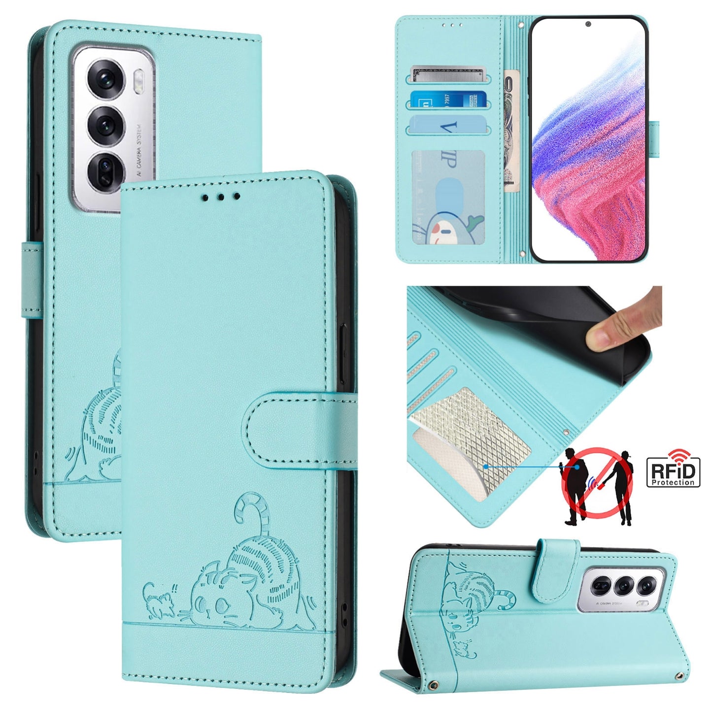 OPPO Reno12 Global Leather Phone Case with Cat and Rat Embossed Pattern, RFID Protection, Card Holder Slots, Anti-fall Feature & Lanyard
