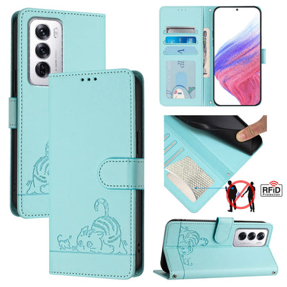 OPPO Reno12 Global Leather Phone Case with Cat and Rat Embossed Pattern, RFID Protection, Card Holder Slots, Anti-fall Feature & Lanyard