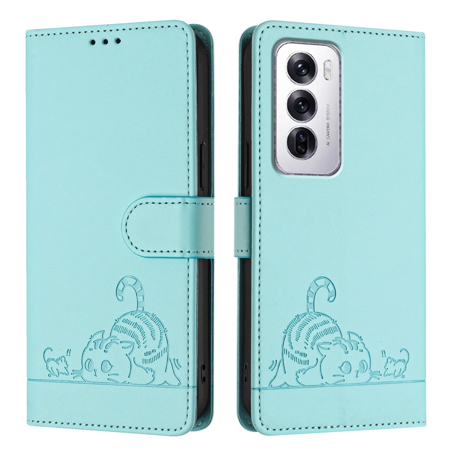 OPPO Reno12 Global Leather Phone Case with Cat and Rat Embossed Pattern, RFID Protection, Card Holder Slots, Anti-fall Feature & Lanyard